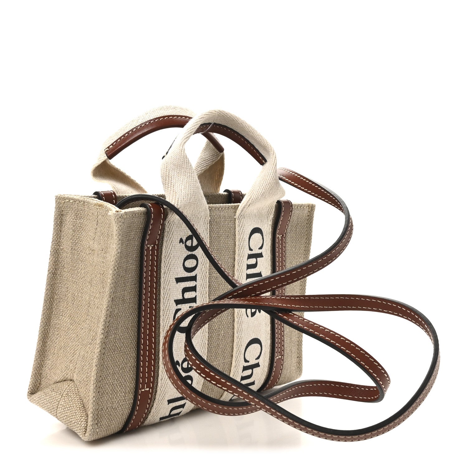 Cotton Calfskin Mini Woody Ribbon Tote With Strap White Brown