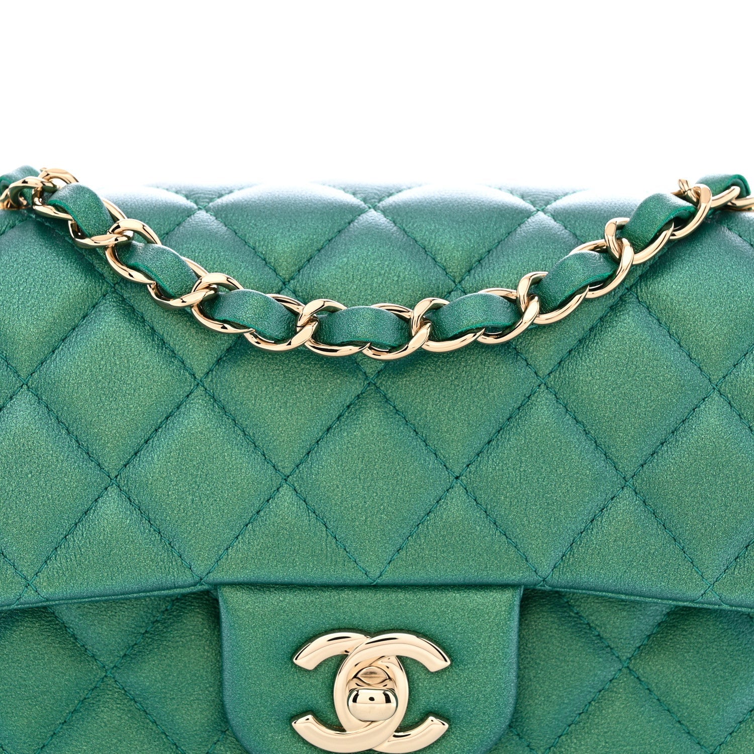 Iridescent Lambskin Quilted Mini Rectangular Flap Green