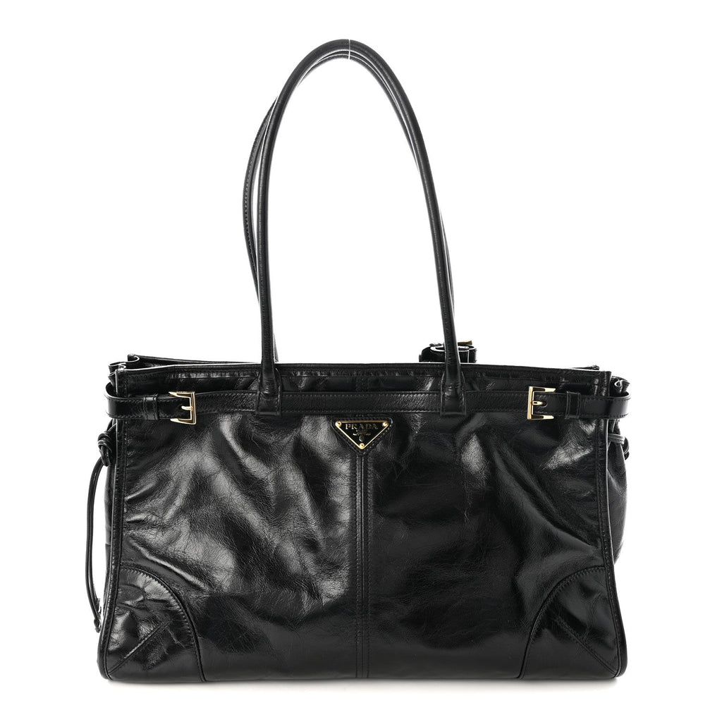 Glossy Calfskin Triangle Large Bonnie Shoulder Bag Black