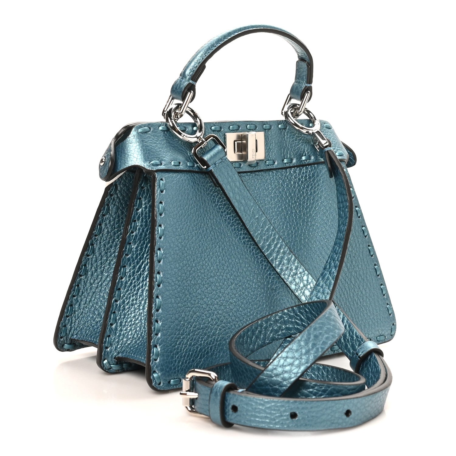 Metallic Cuoio Roma Sellerissima Nappa Sintetica Tape Stitch Petite Peekaboo I SEE U Iconic Satchel Placca Argento