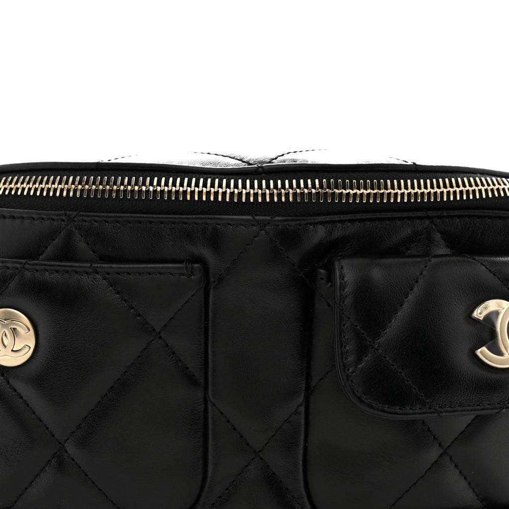 Shiny Aged Calfskin Quilted CC Pockets Jacket Waist Belt Bag Black