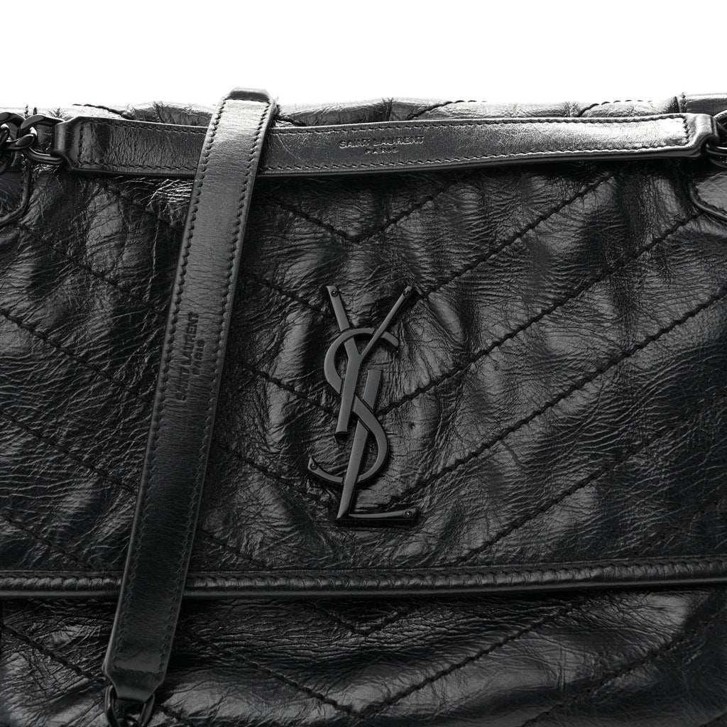 Crinkled Calfskin Matelasse Monogram Medium Niki Chain Satchel Black