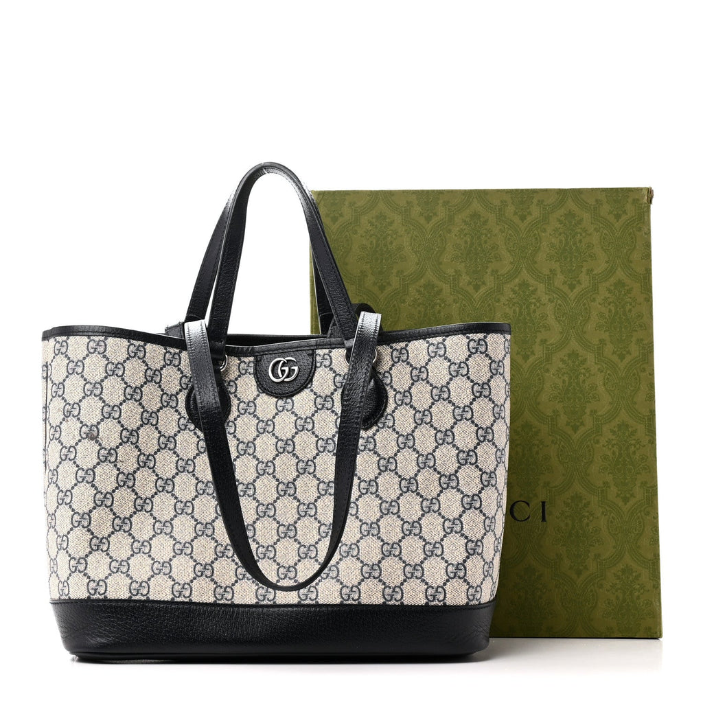 GG Supreme Monogram Textured Dollar Calfskin Medium Shoulder Tote Bag Beige Blue