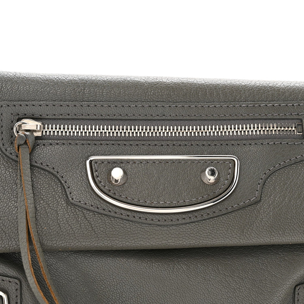 Chevre Silver Metallic Edge Hardware Envelope Clutch Gris Acier