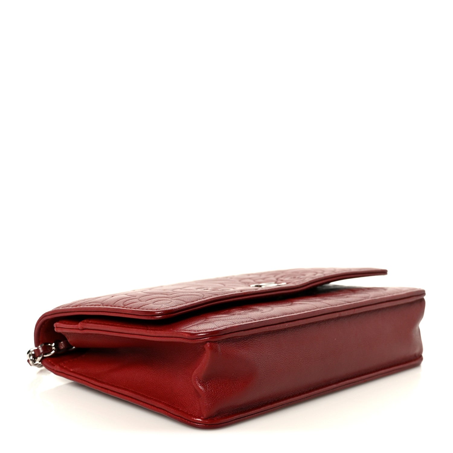 Lambskin Camellia Embossed Wallet on Chain WOC Red