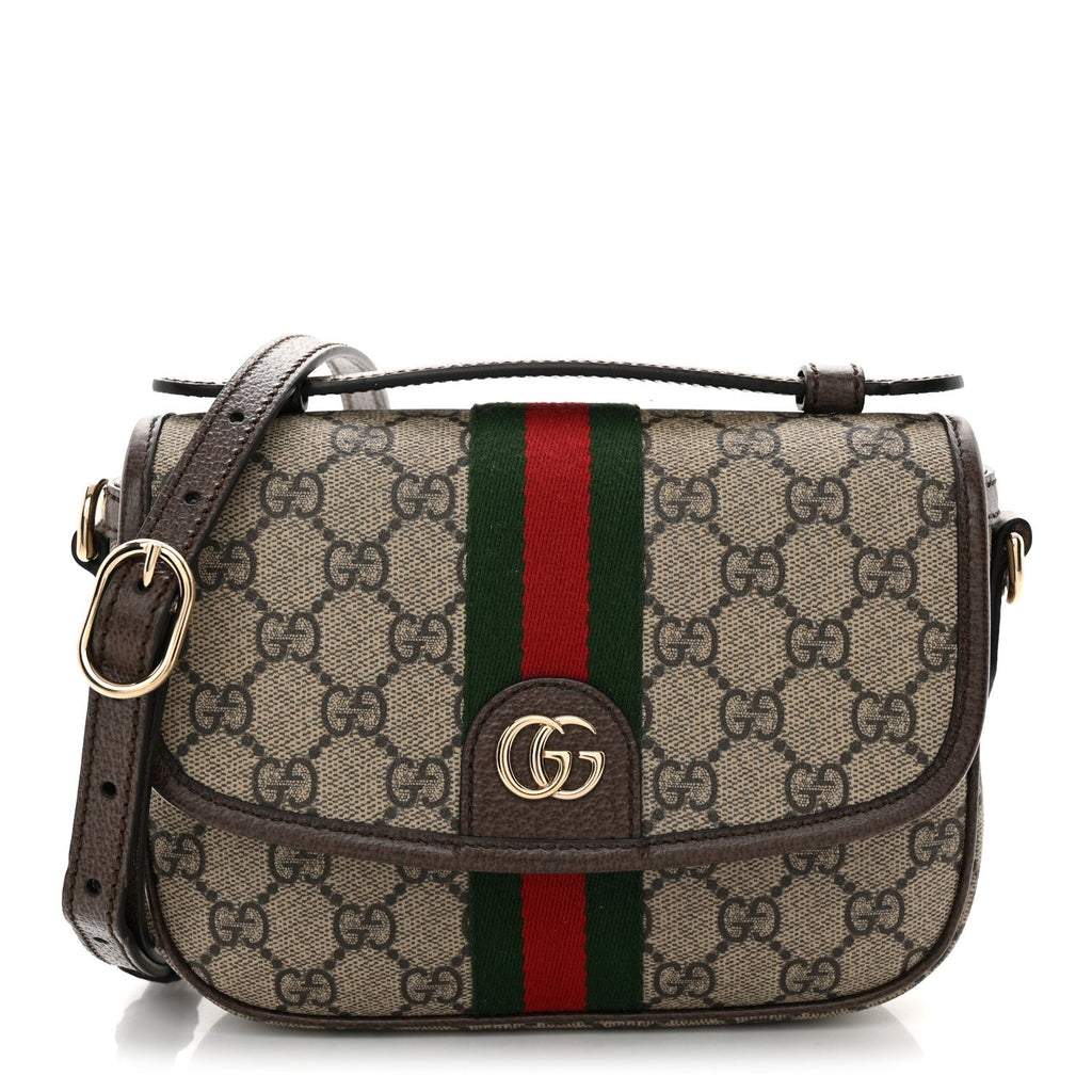 GG Supreme Monogram Textured Dollar Calfskin Small Ophidia Top Handle Shoulder Bag Beige Brown