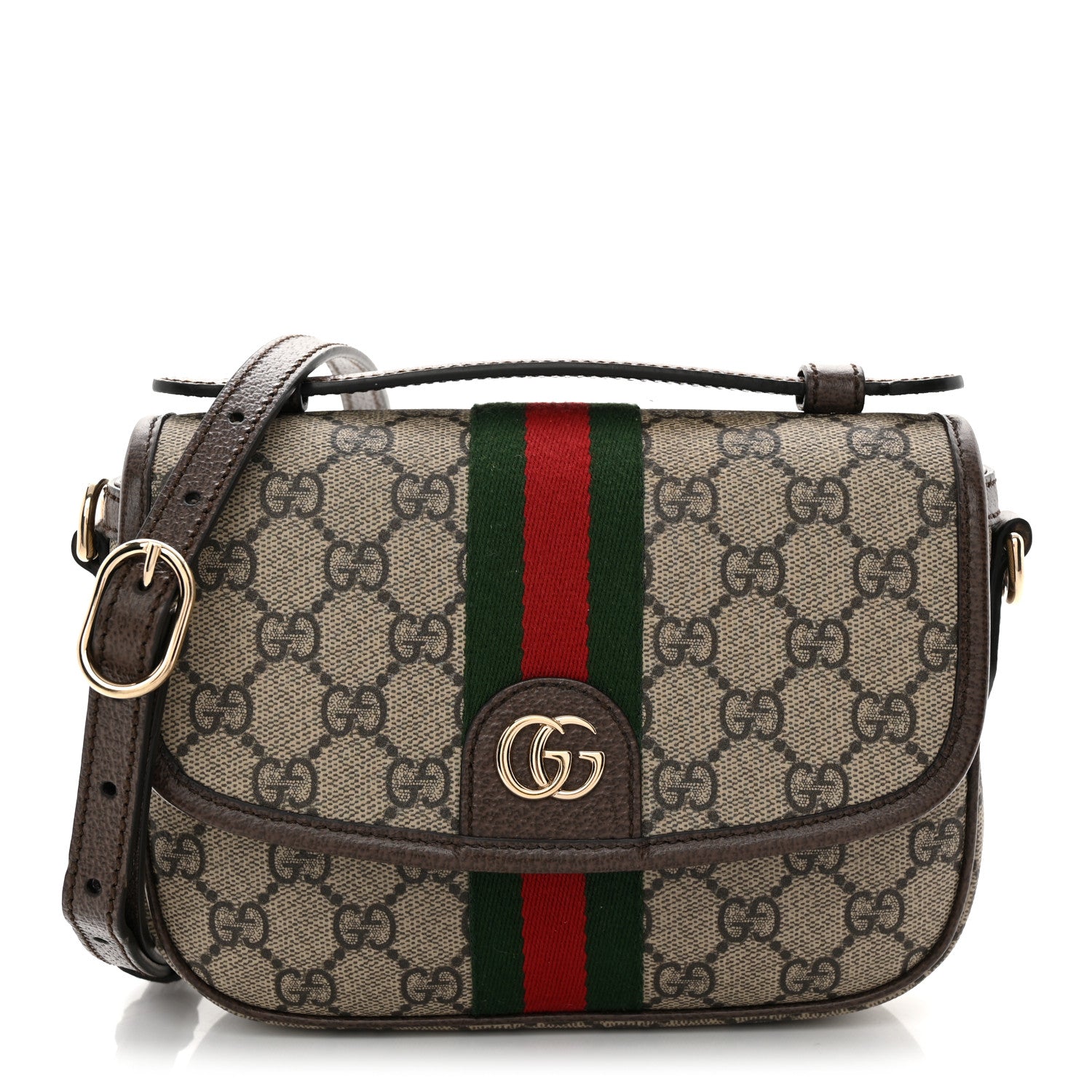GG Supreme Monogram Textured Dollar Calfskin Small Ophidia Top Handle Shoulder Bag Beige Brown