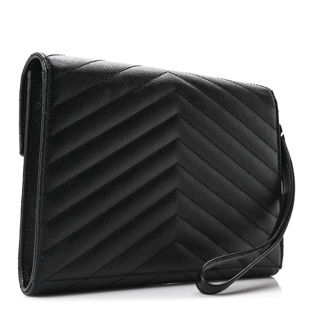 Grain De Poudre Matelasse Chevron Monogram Envelope Clutch Black