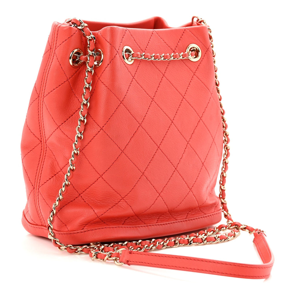 Calfskin Stitched Chain Bucket Bag Coral