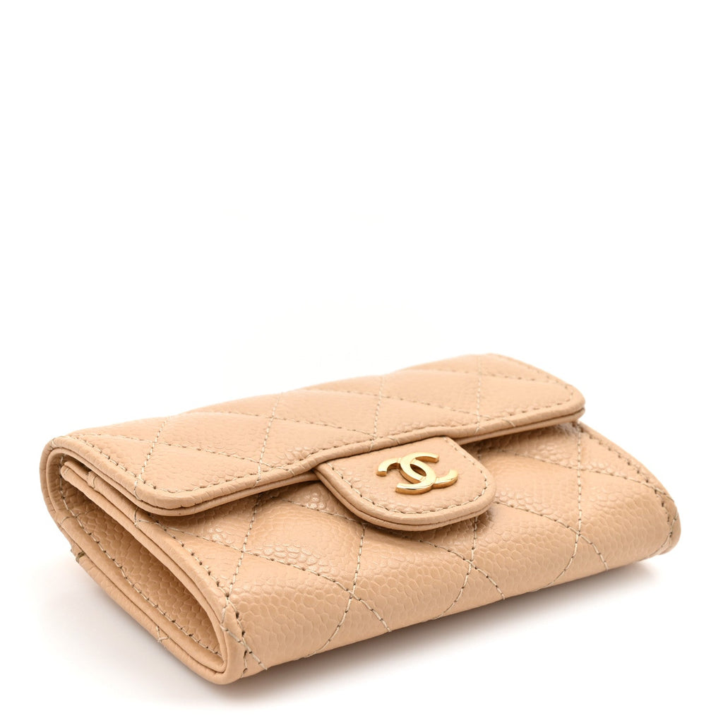 Caviar Quilted Flap Card Holder Wallet Beige