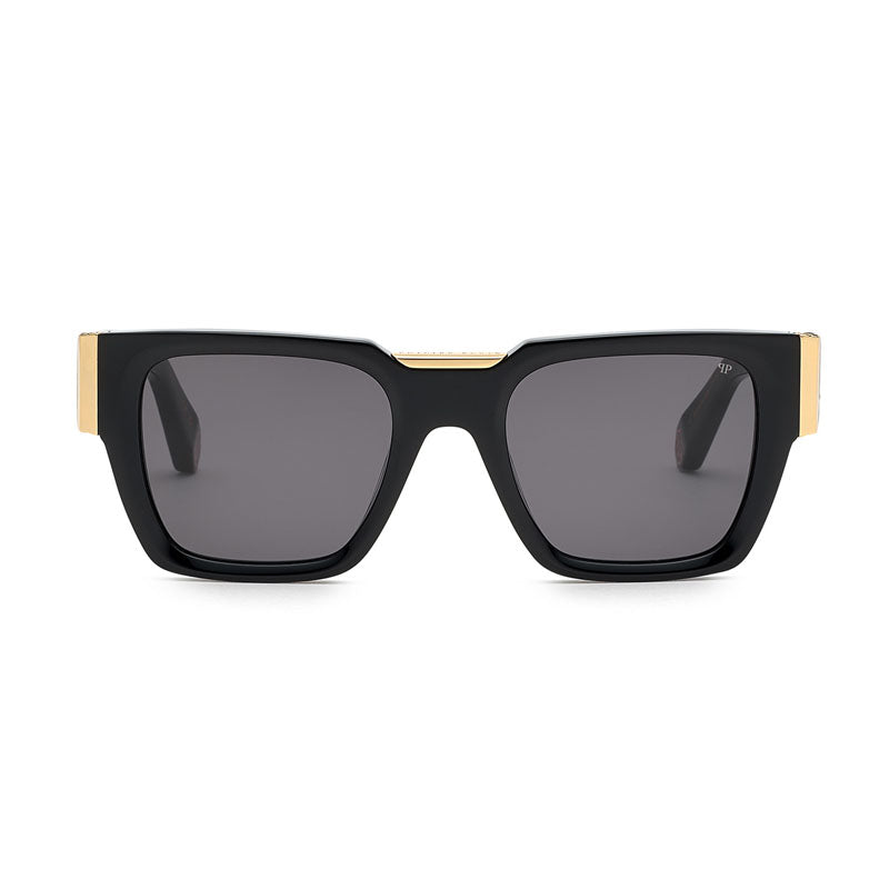 Philipp Plein Sunglasses Rectangle Full Rim, Shiny Black Frame and Grey Lens SPP095M0700