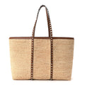 Raffia Calfskin Rockstud Shopping Tote Naturale Saddle Brown