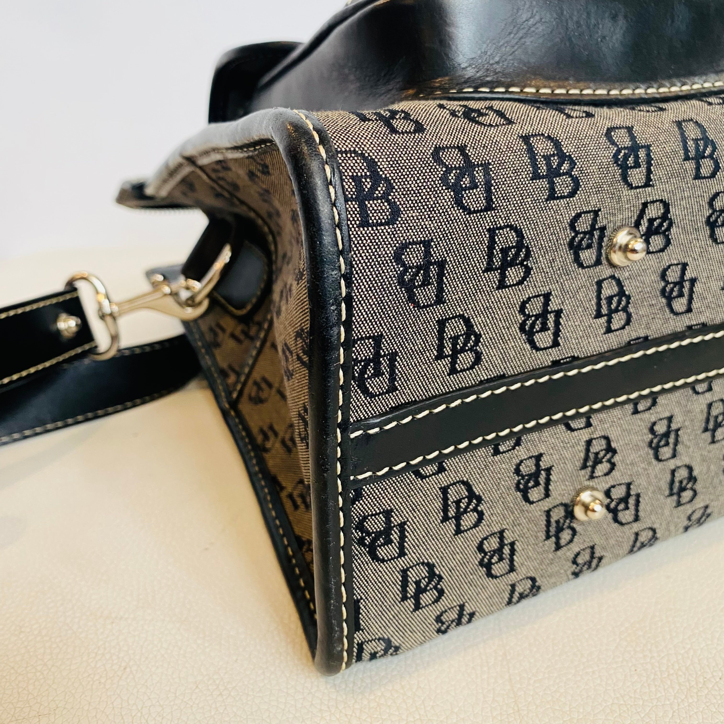 DOONEY & BOURKE Gray Canvas Black Leather Trim Signature Satchel Shoulder Bag Handbag
