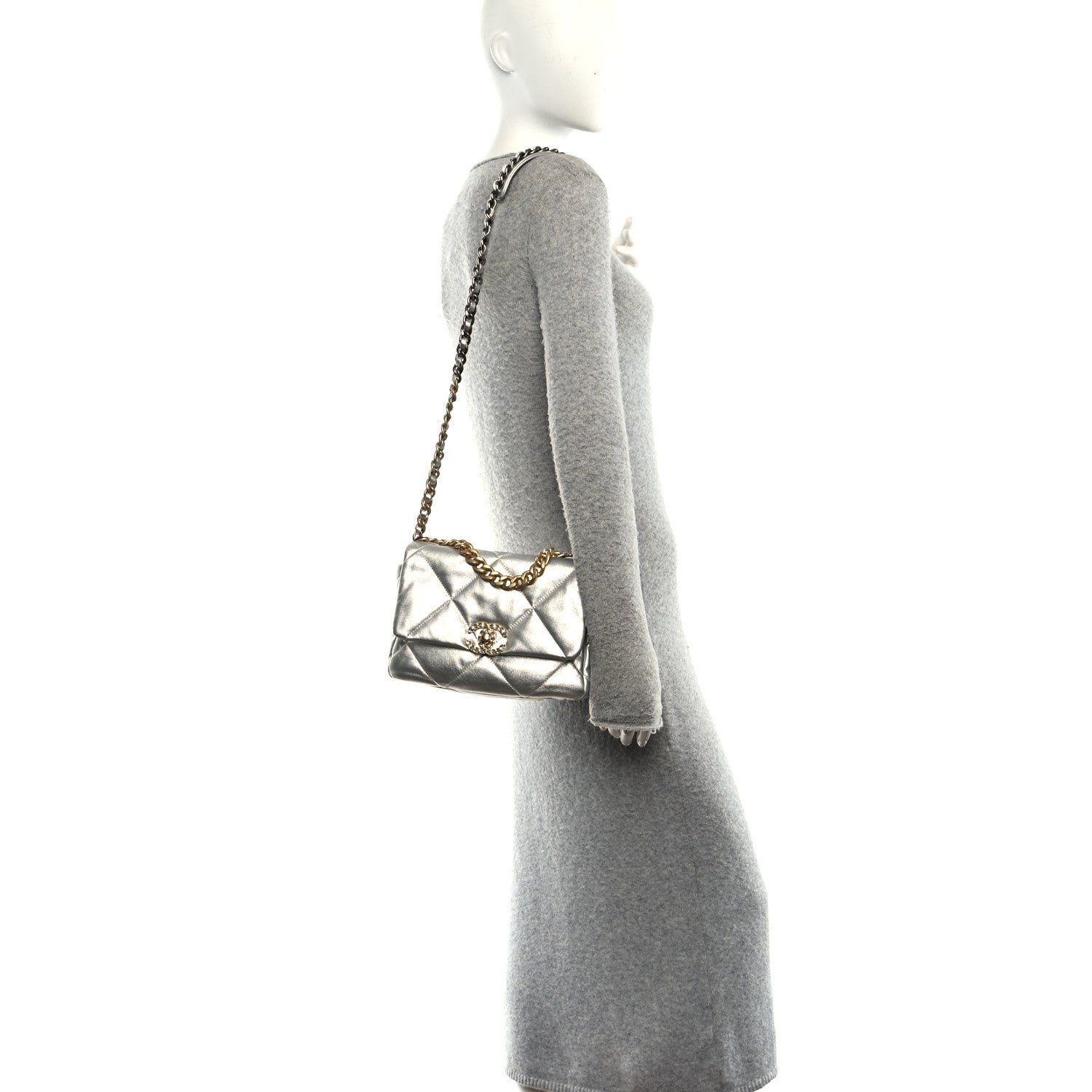 Metallic Lambskin Quilted Medium Chanel 19 Flap Silver