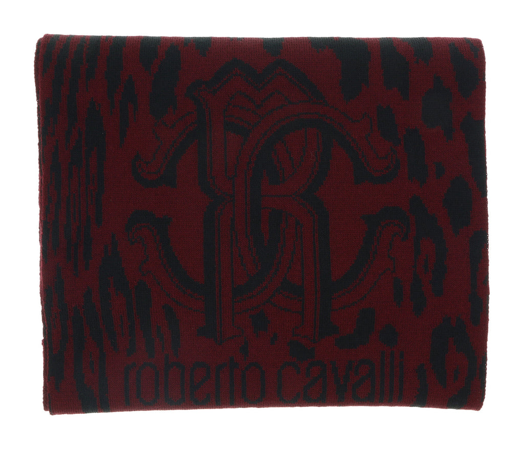 Roberto Cavalli ESZ025 02000 Burgundy Wool Blend Leopard Print Mens Scarf