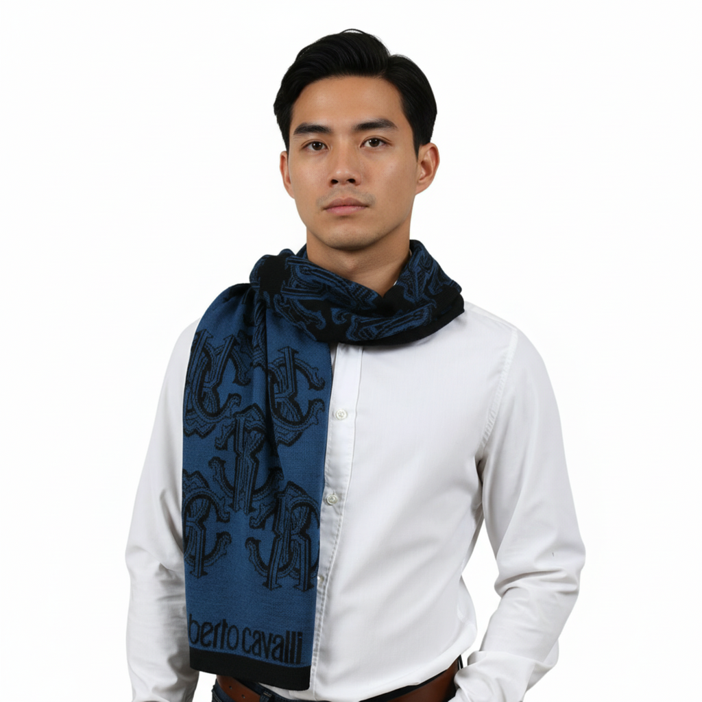 Roberto Cavalli ESZ028 D0174 Blue Marine/ Black Wool Blend Logo Mens Scarf