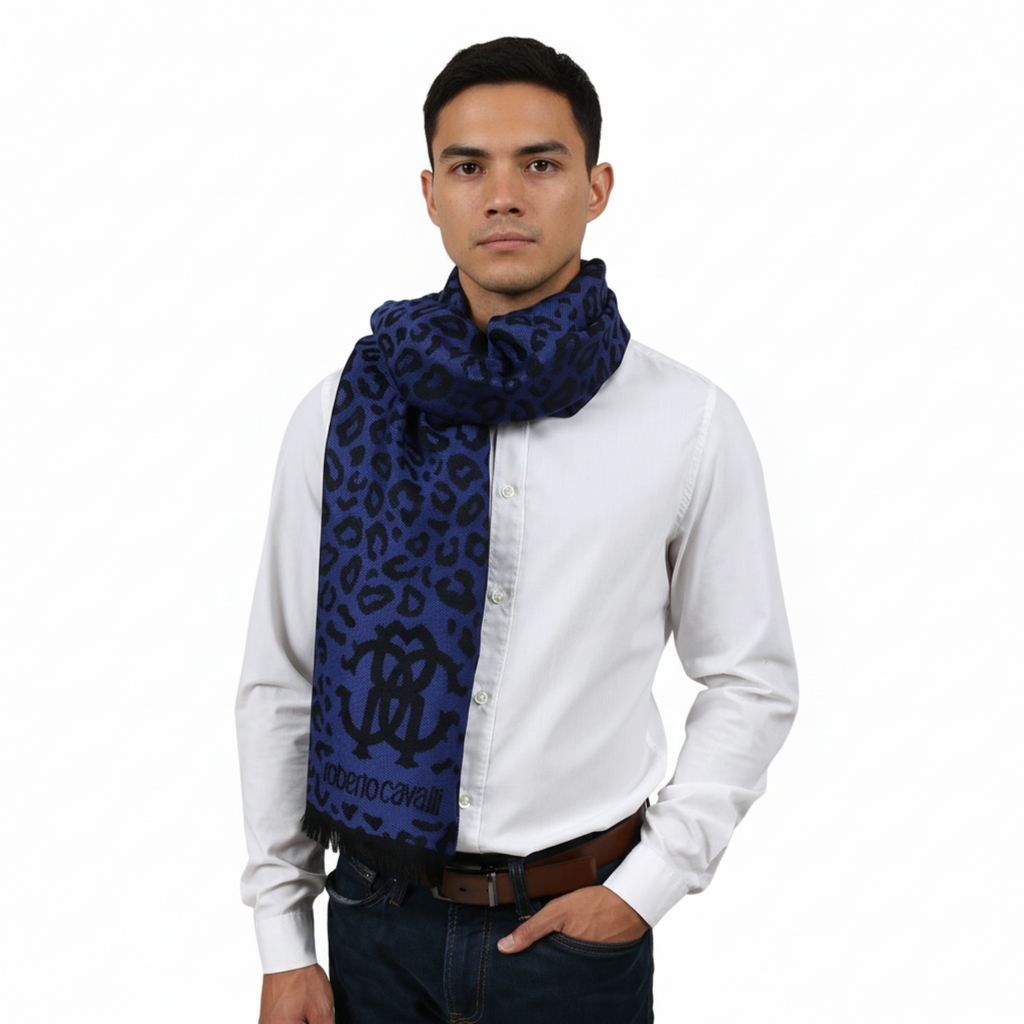Roberto Cavalli ESZ029 03000 Purple Wool Blend Leopard Print Mens Scarf