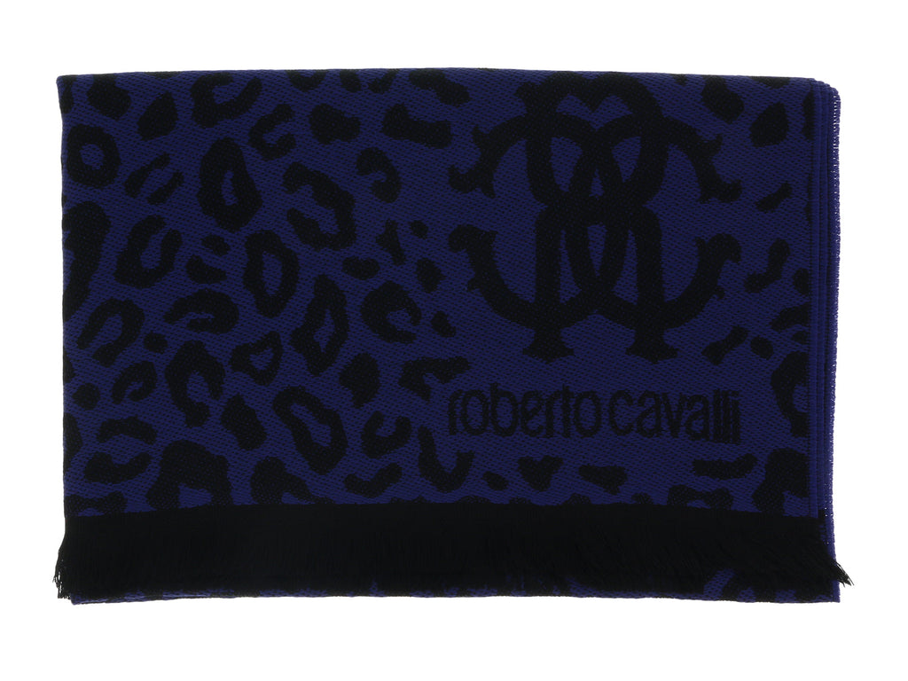 Roberto Cavalli ESZ029 03000 Purple Wool Blend Leopard Print Mens Scarf