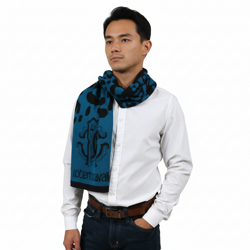 Roberto Cavalli ESZ030 D2493 Teal Blue/ Black Wool Blend Leopard Print Mens Scarf