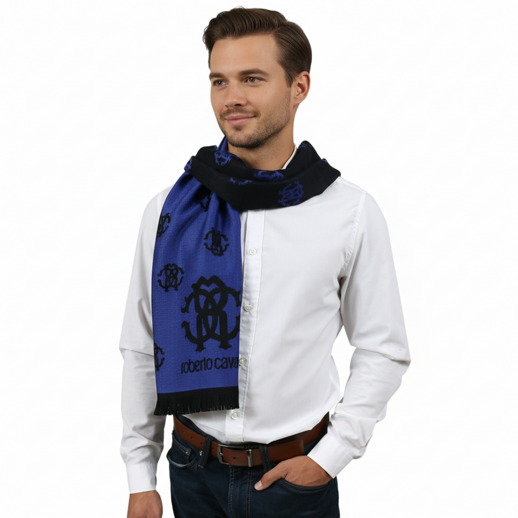 Roberto Cavalli ESZ051 03000 Purple Wool Blend Logo Mens Scarf