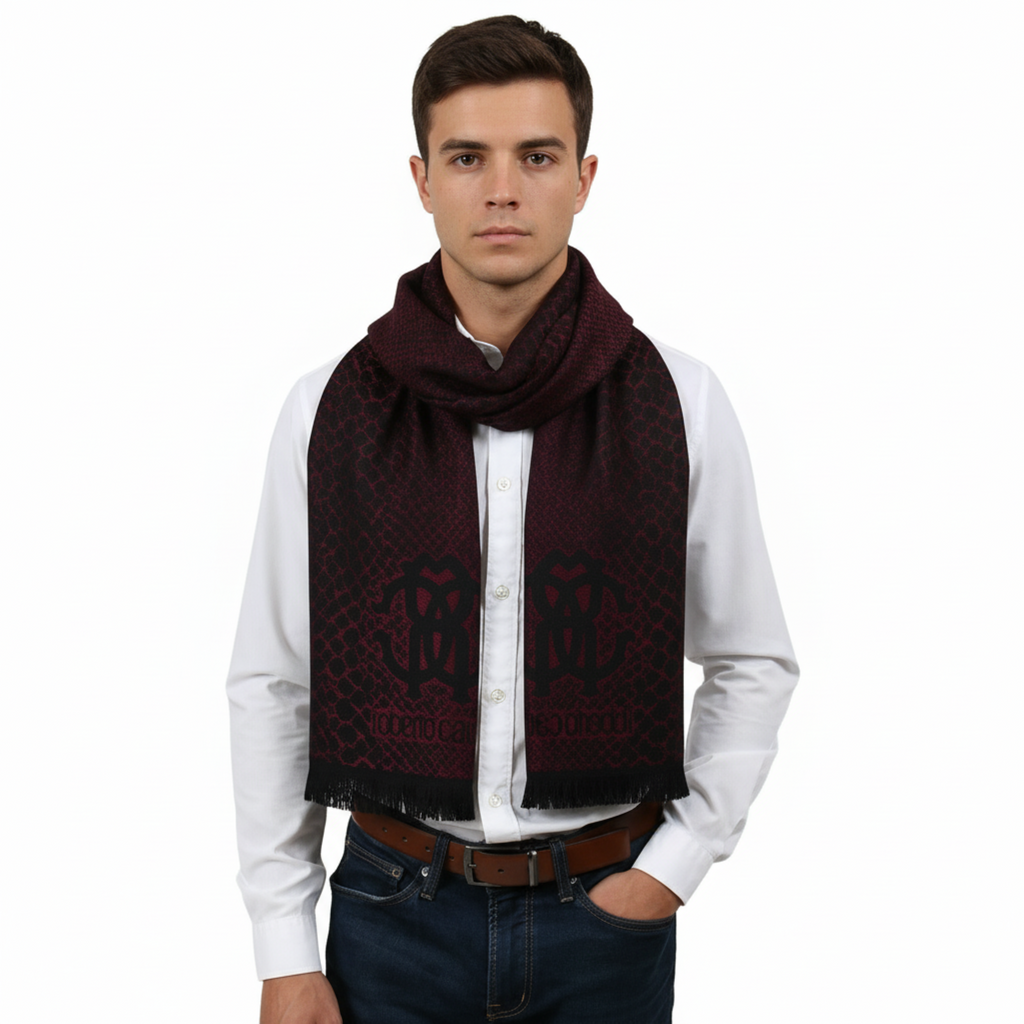 Roberto Cavalli ESZ054 02000 Red Wool Blend Cheetah Print Mens Scarf