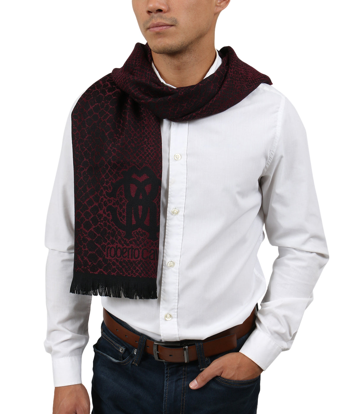 Roberto Cavalli ESZ054 02000 Red Wool Blend Cheetah Print Mens Scarf