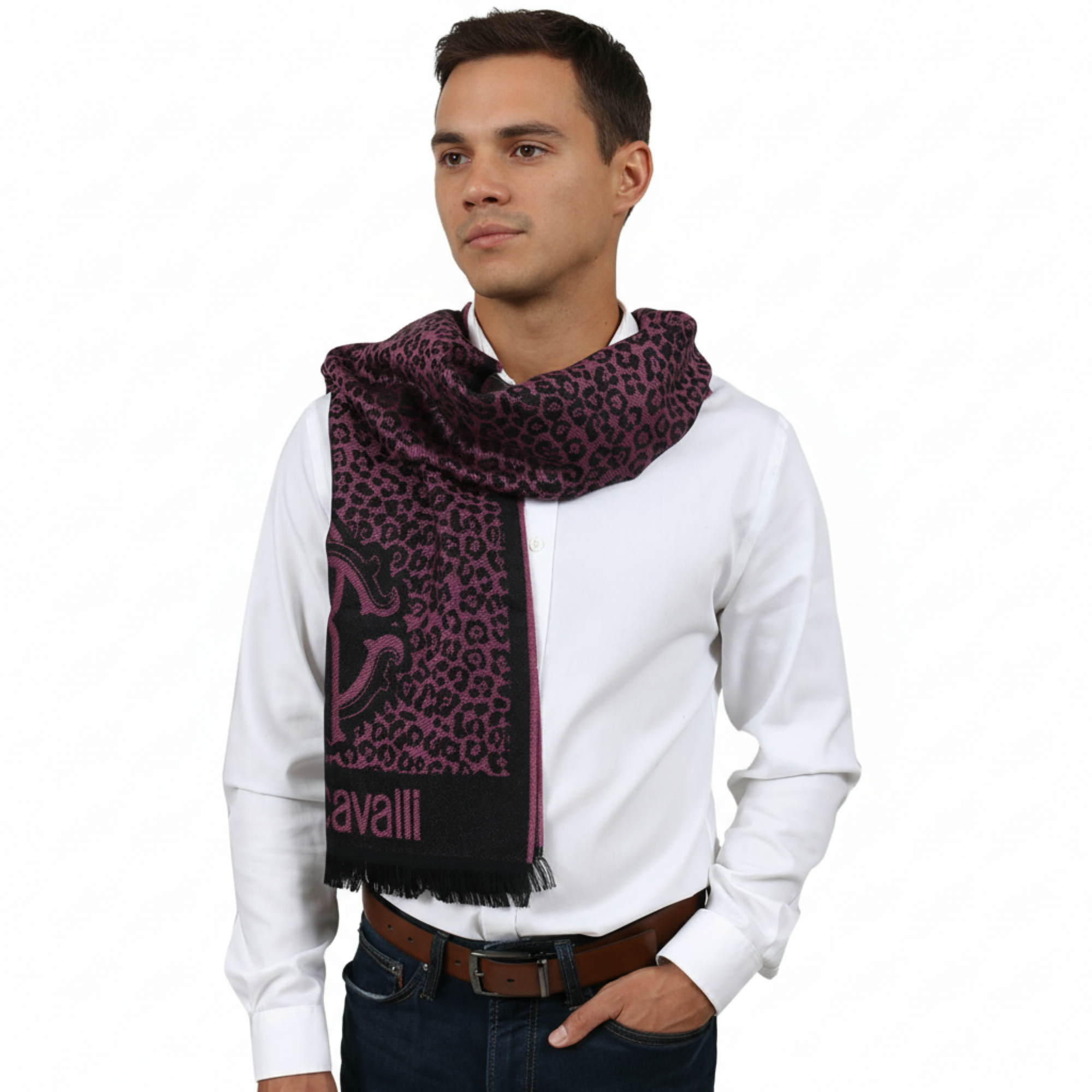 Roberto Cavalli ESZ056 03000 Purple Wool Blend Leopard Print Mens Scarf