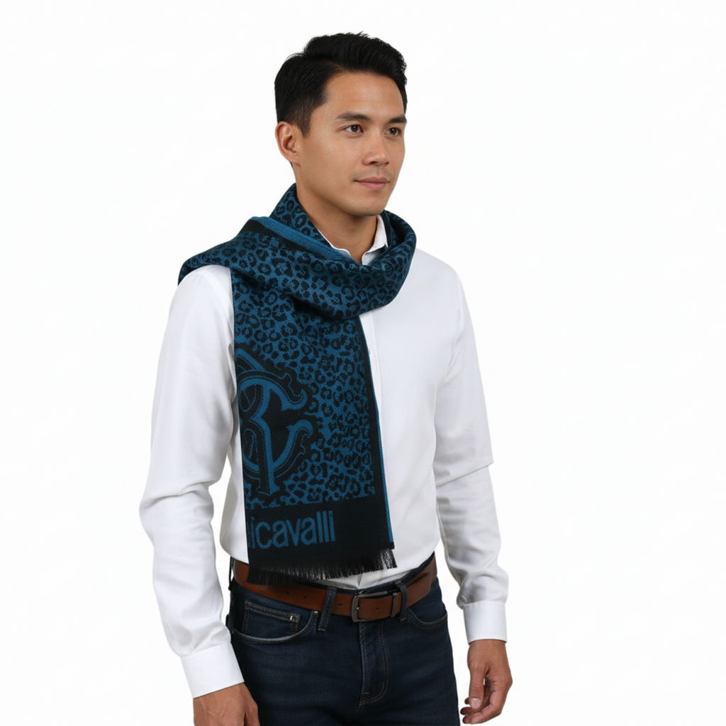 Roberto Cavalli ESZ056 04505 Turquoise Wool Blend Leopard Print Mens Scarf