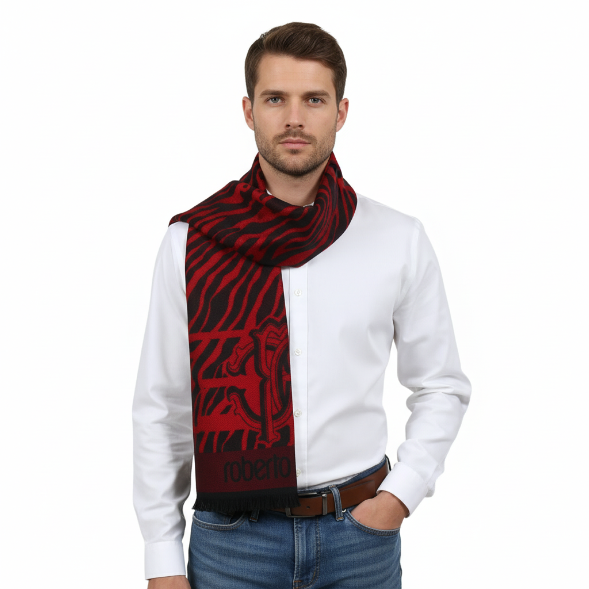 Roberto Cavalli ESZ057 02000 Red Wool Blend Tiger Print Mens Scarf