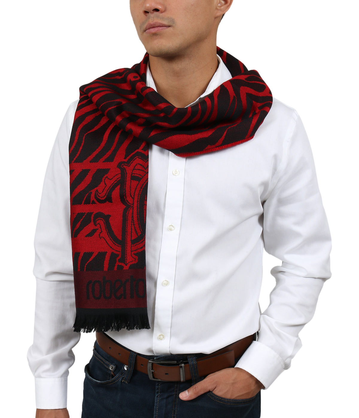 Roberto Cavalli ESZ057 02000 Red Wool Blend Tiger Print Mens Scarf
