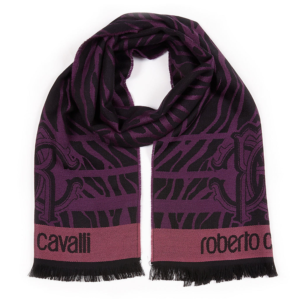 Roberto Cavalli ESZ057 03000 Purple Wool Blend Tiger Print Mens Scarf