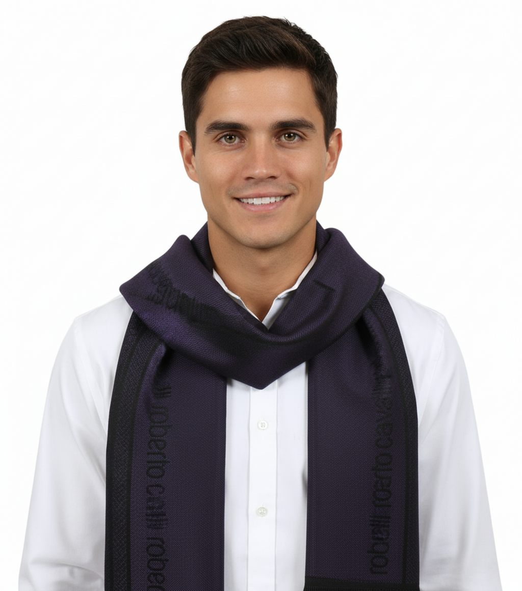 Roberto Cavalli ESZ062 03000 Purple Wool Blend Signature Mens Scarf