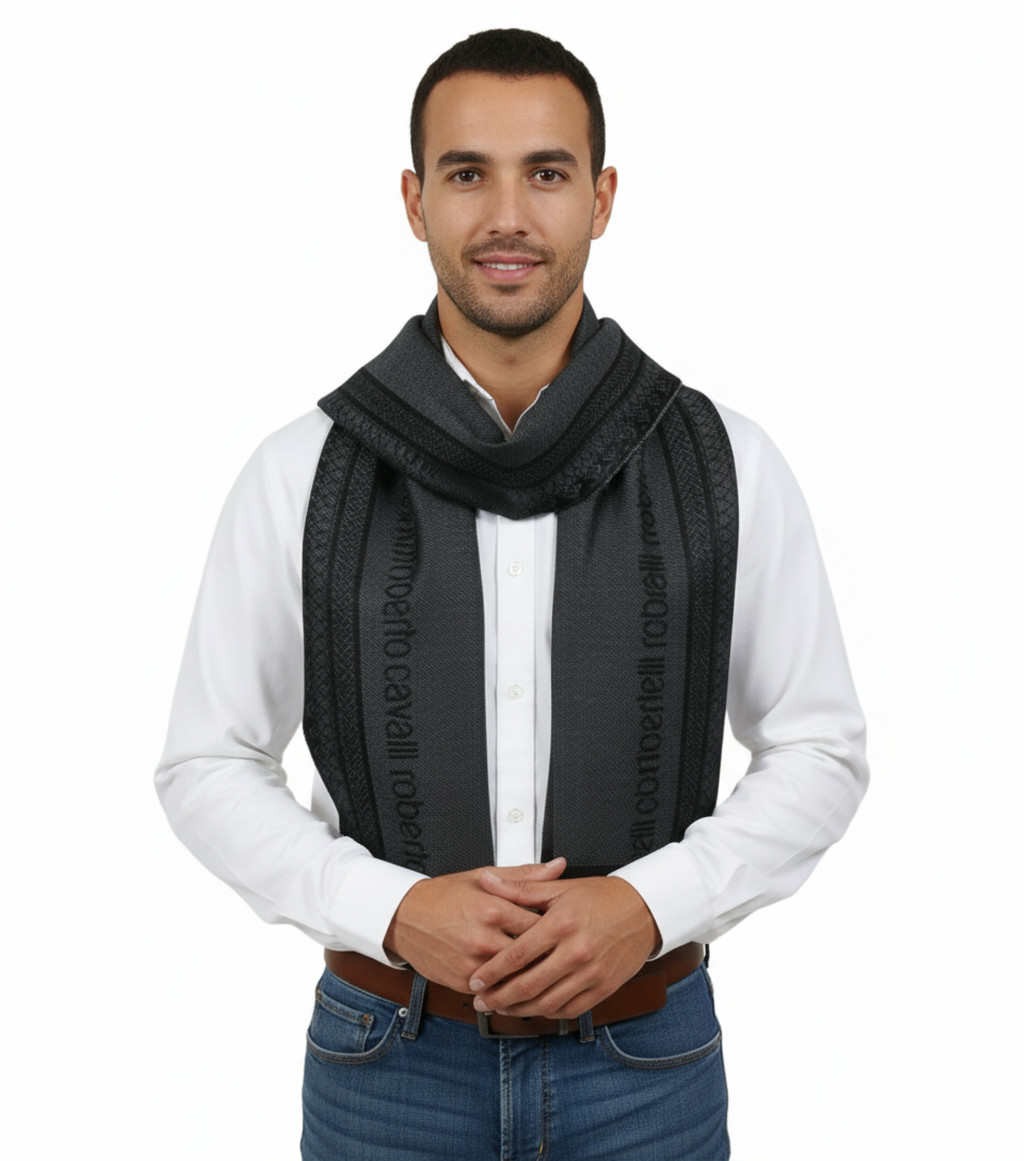 Roberto Cavalli ESZ062 05001 Grey Wool Blend Signature Mens Scarf