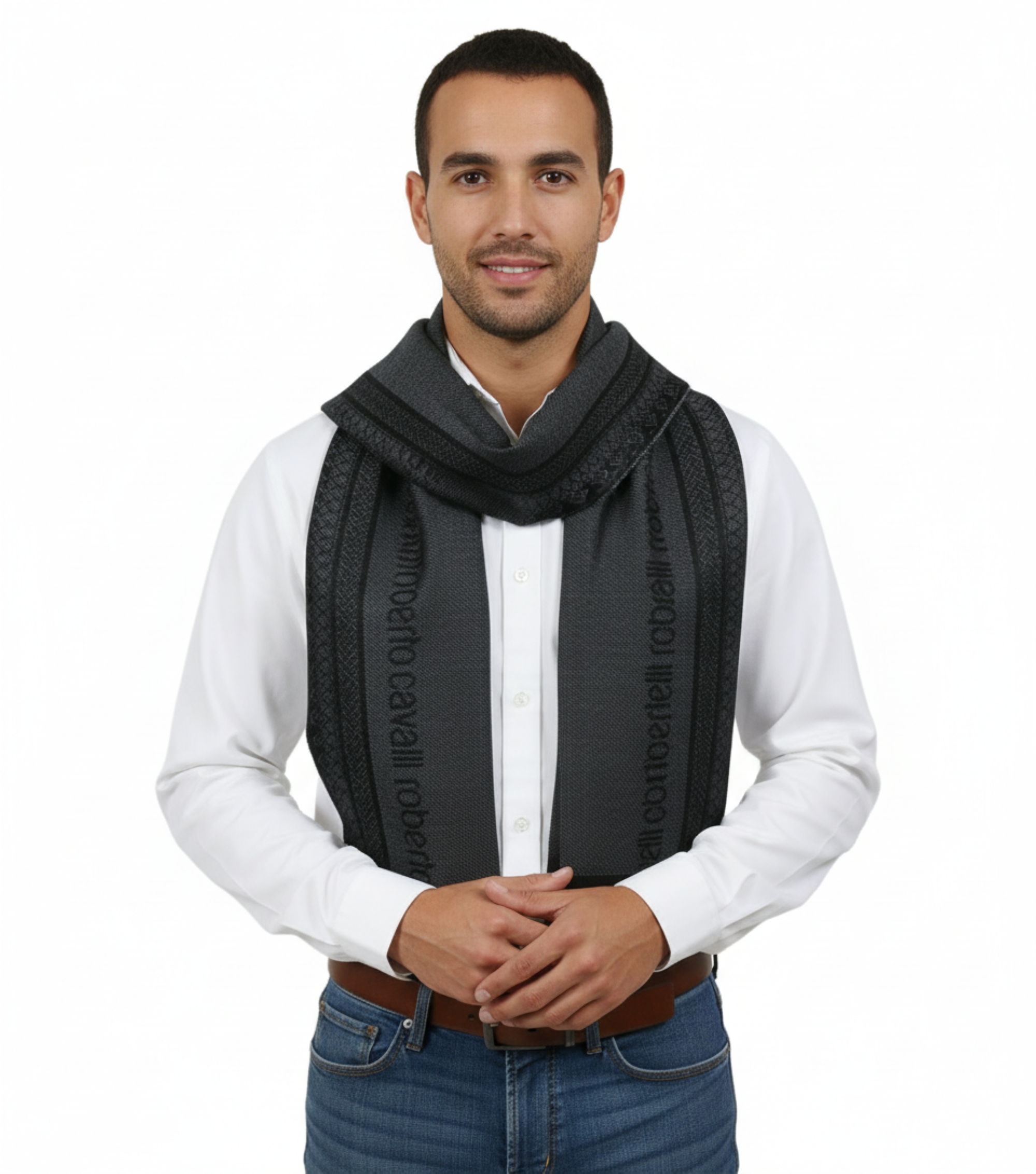Roberto Cavalli ESZ062 05001 Grey Wool Blend Signature Mens Scarf