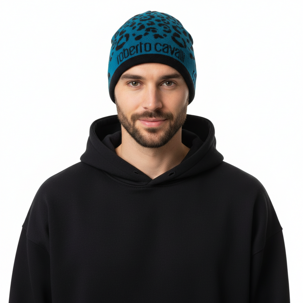 Roberto Cavalli  ESZ031 D2493 Black/Petrol Leopard Beanie Hat