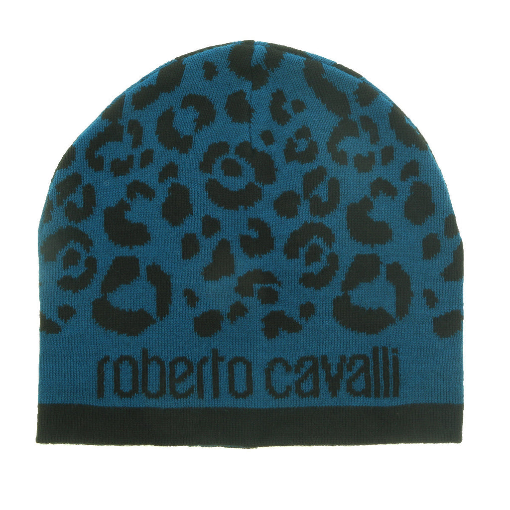 Roberto Cavalli  ESZ031 D2493 Black/Petrol Leopard Beanie Hat