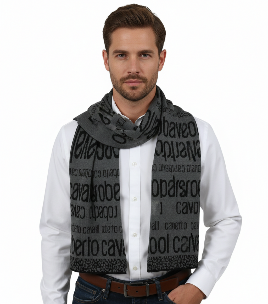 Roberto Cavalli ESZ064 LU053 Grey/ Black Wool Blend Mens Scarf