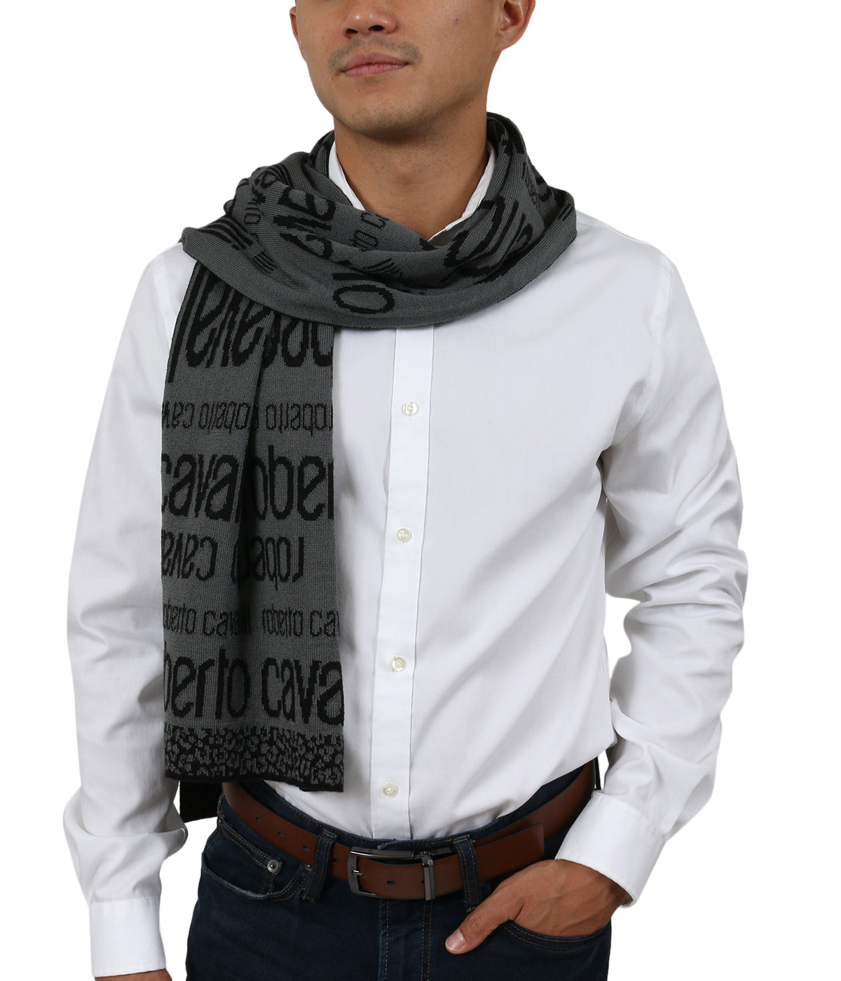 Roberto Cavalli ESZ064 LU053 Grey/ Black Wool Blend Mens Scarf