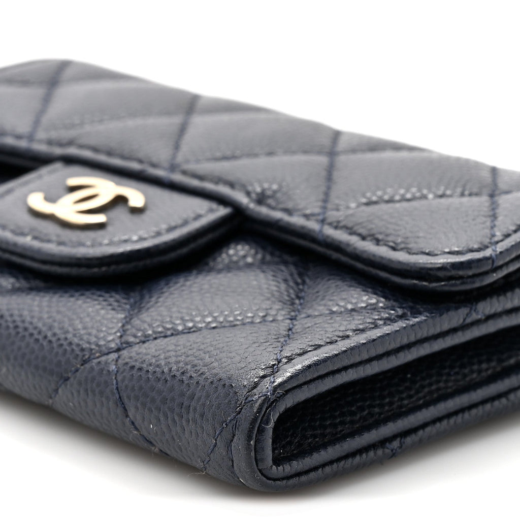 Caviar Quilted Flap Card Holder Wallet Navy Blue