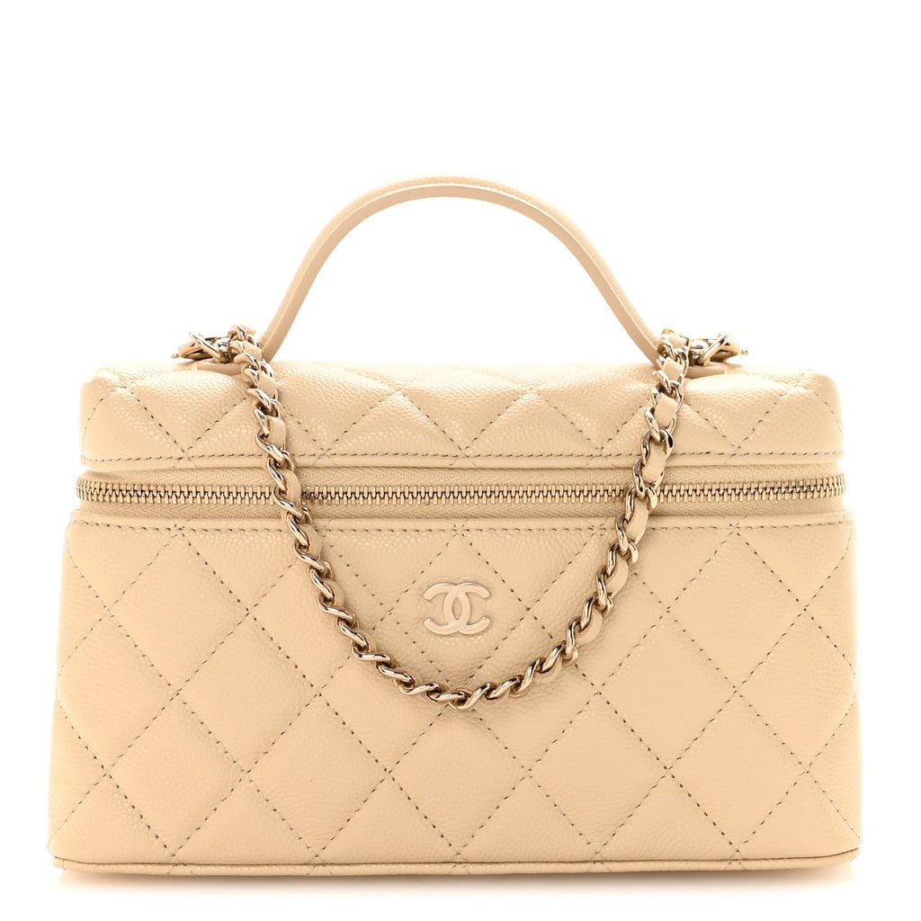 Caviar Quilted Top Handle Slim Vanity With Chain Beige
