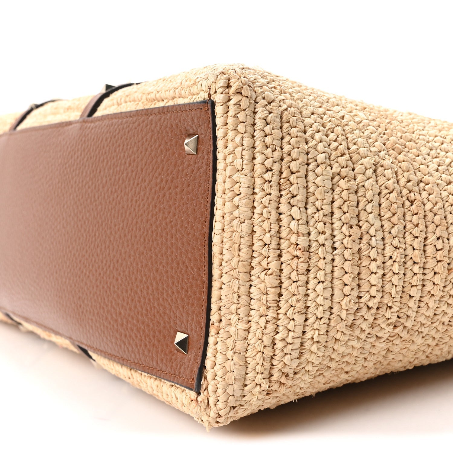 Raffia Calfskin Rockstud Shopping Tote Naturale Saddle Brown