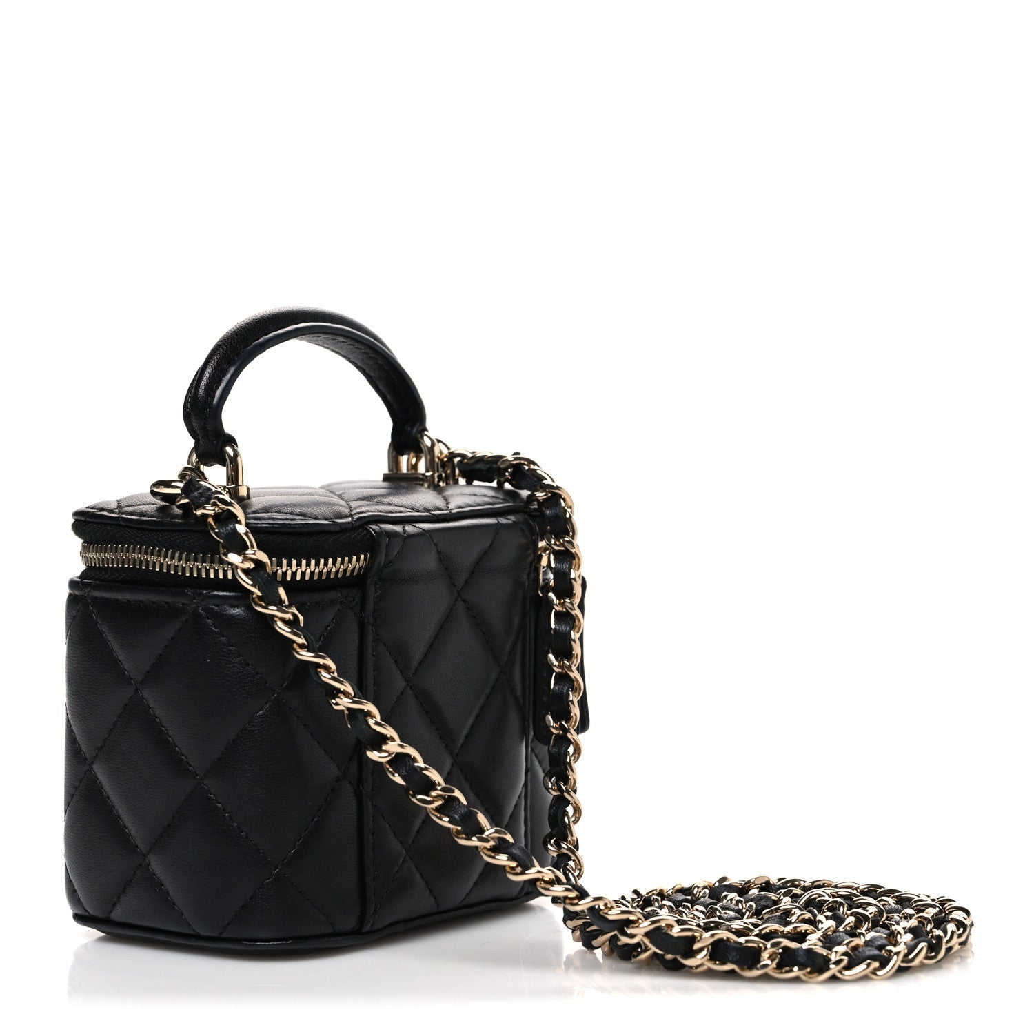 Lambskin Quilted Top Handle Mini Vanity Case With Chain Black