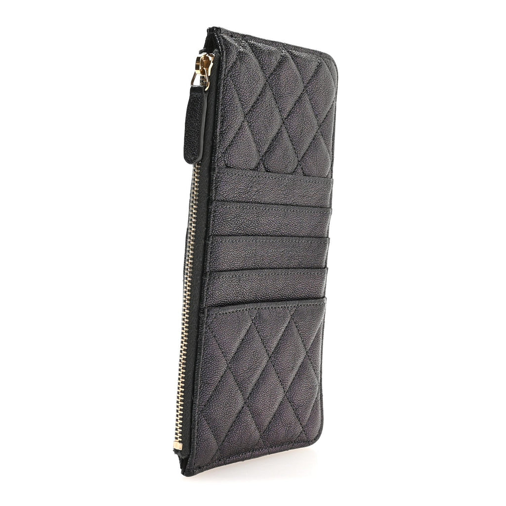 Iridescent  Caviar Quilted Classic Flat Wallet Pouch Black