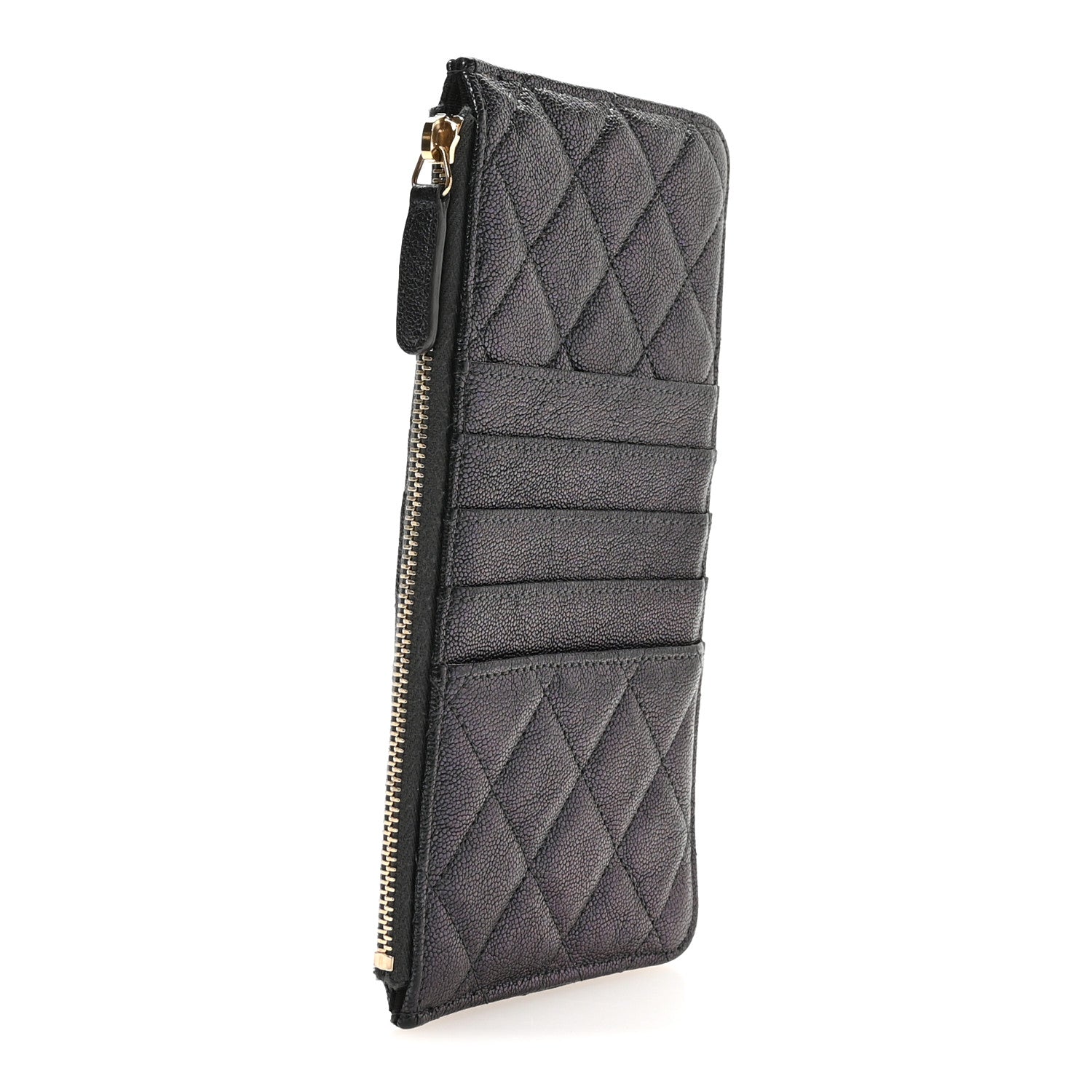 Iridescent  Caviar Quilted Classic Flat Wallet Pouch Black