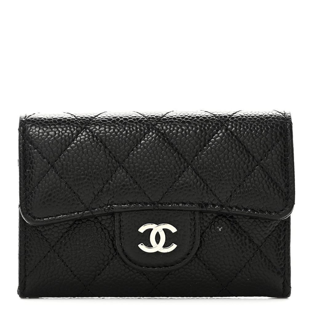 Caviar Quilted Flap Card Holder Wallet Black