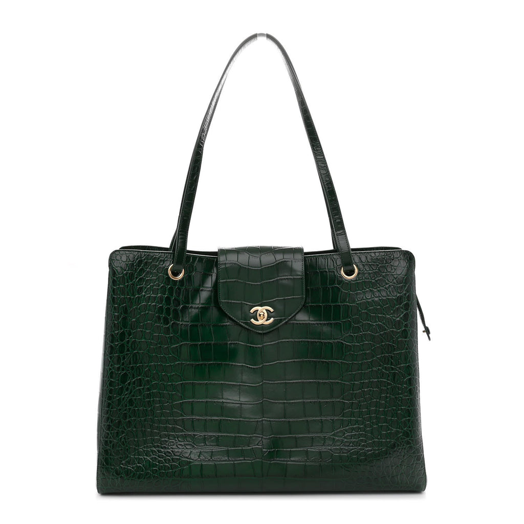 Calfskin Crocodile Embossed Large Shopping Bag Dark Green