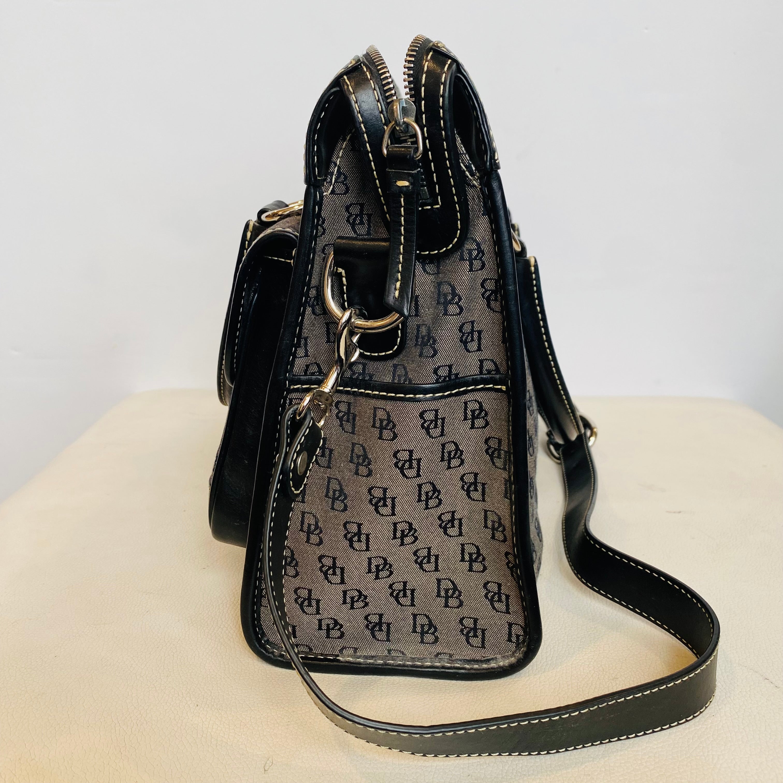 DOONEY & BOURKE Gray Canvas Black Leather Trim Signature Satchel Shoulder Bag Handbag