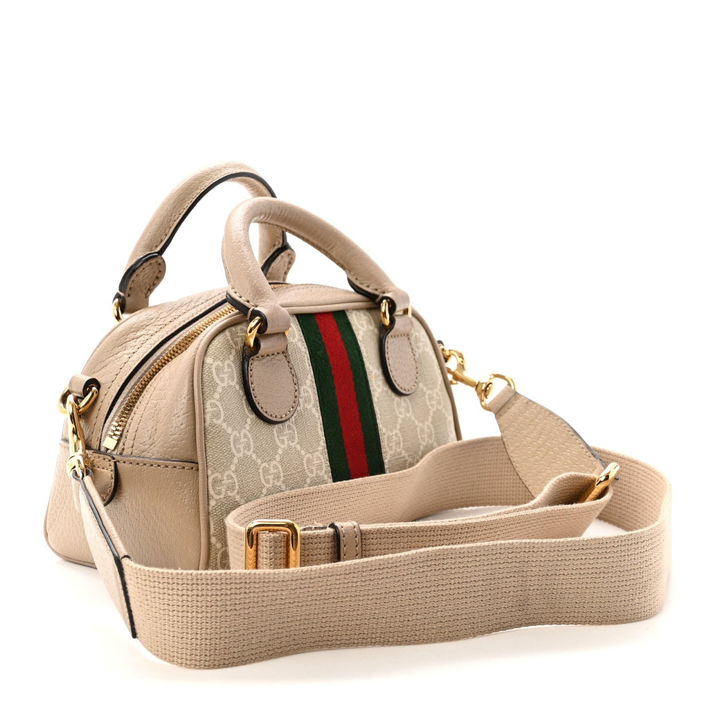 GG Supreme Monogram Textured Dollar Calfskin Web Mini Ophidia Top Handle Bowler Bag Beige Mystic White Oatmeal
