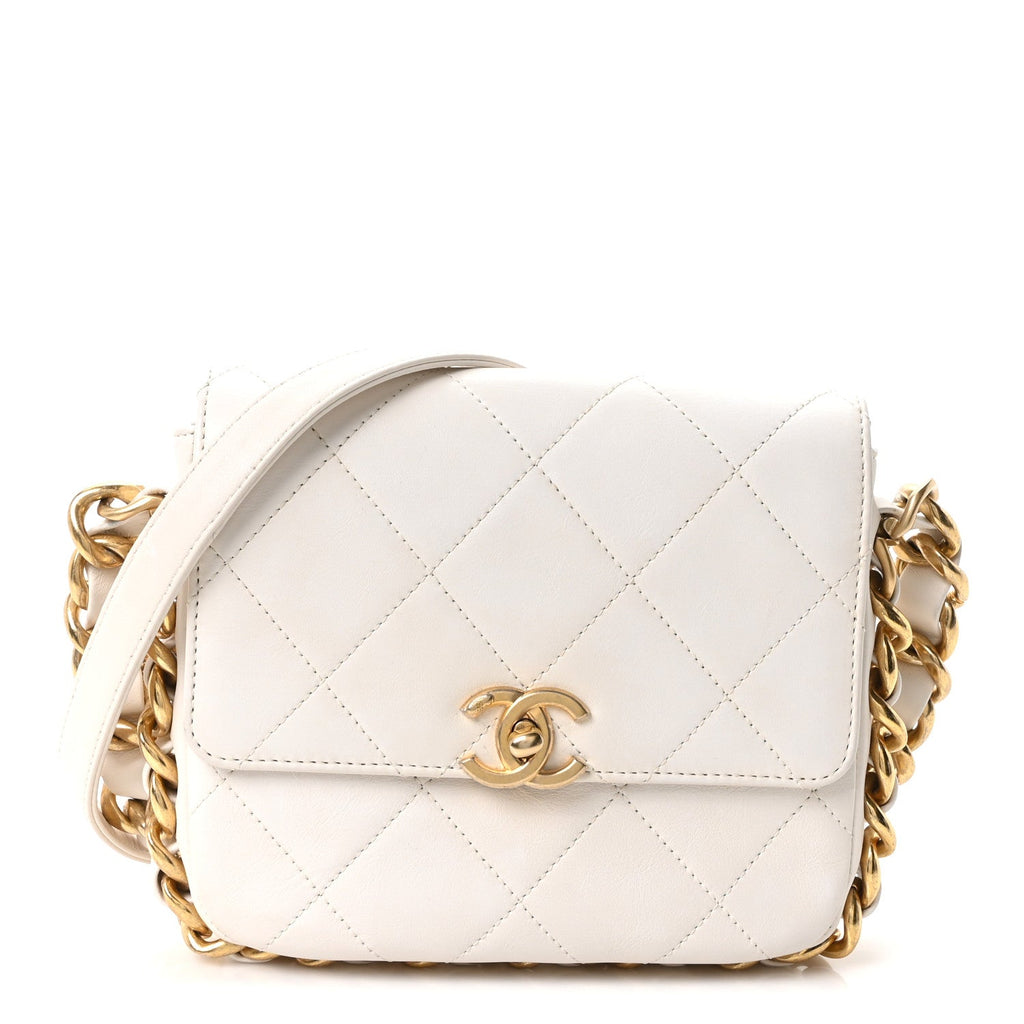 Calfskin Quilted Small Framing Chain Flap Bag White