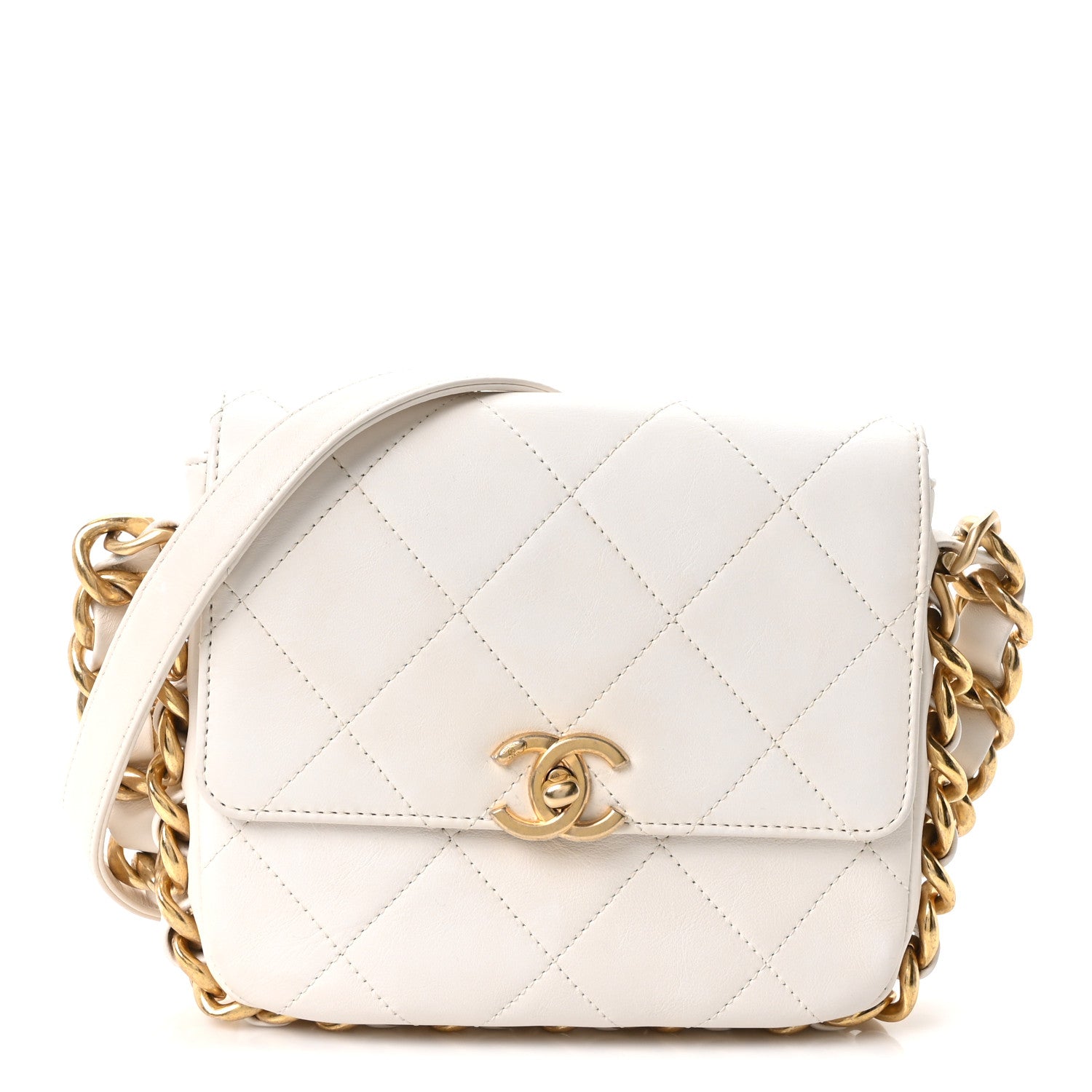 Calfskin Quilted Small Framing Chain Flap Bag White